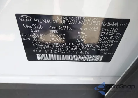 2020 Hyundai Santa Fe Sel из США, поврежденный, VIN 5NMS33AD3LH244698